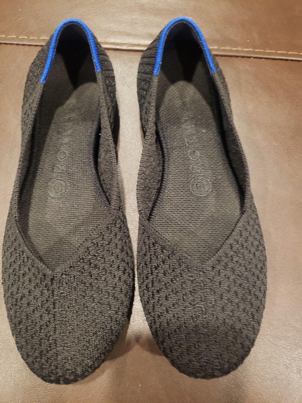 Rothy's Black Knit Ballet Flats with Blue Trim